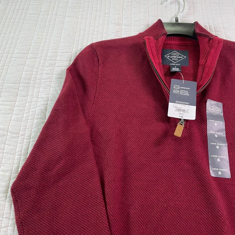 St Johns Bay Mens Quarter Zip Sweater Biking Red Small Super Soft Textured Knit